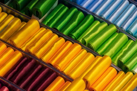 Multi colored bright floss threads-sale in the shop of goods for needleworkの写真素材