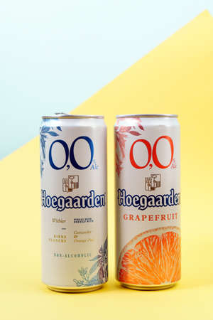 Tyumen, Russia-April 13, 2022: Hoegaarden with grapefruit flavor NA non-alcoholic beer, Belgian wheat beer produced by InBevのeditorial素材