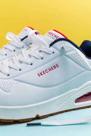 Tyumen, Russia-October 14, 2021: Skechers sport shoes for men, Los Angeles. selective focus