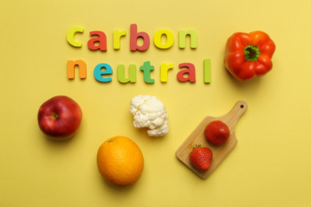 Carbon neutral ecology label concept. carbon neutral. local organic vegetables and fruitsの写真素材