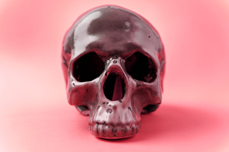 Halloween holiday concept. Scary skull on yellow background. selective focusの写真素材
