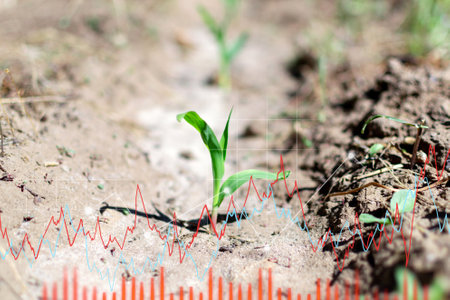 Corn growing chart, on a green background. Agriculture, growth, ecology. The concept of business growth, development and success.の写真素材