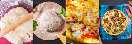 Collage with different types of pizza, texture, background. food banner. Collage, panorama format