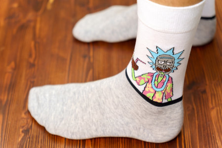 Tyumen, Russia-August 25, 2022: Rick and Morty adult animated science fiction sitcom, logo on socks. selective focusのeditorial素材