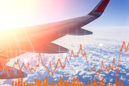 Plane flying over the sea view from the plane window. the concept of travel. flight graphs of...