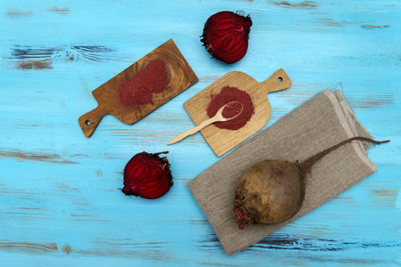 Beetroot flour close up. The concept of healthy eating dry beer powder.の写真素材