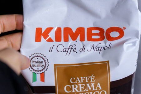 Tyumen, Russia-January 26, 2023: Logo of the brand Caffe Kimbo. Kimbo is an Italian manufacturer of coffee productsのeditorial素材