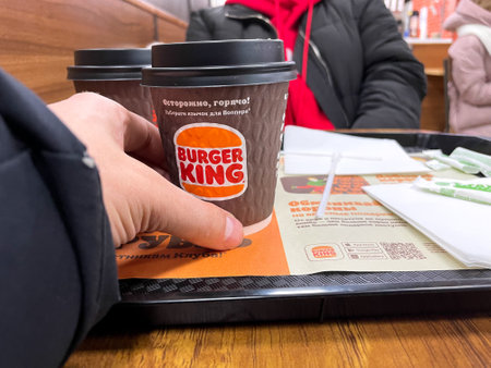 Tyumen, Russia-January 23, 2023: Burger King logo. fast food restaurant. selective focusのeditorial素材