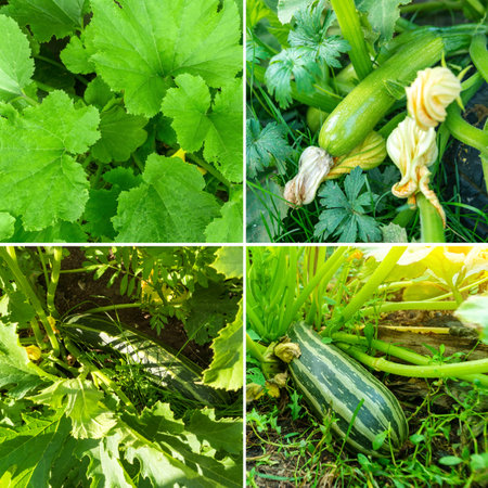 Set of fresh ripe zucchini, fresh vegetables. Vegetables in produce collage. square photoの写真素材