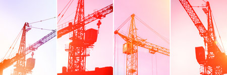 Collage of construction building crane. Construction site background, construction objects and conceptsの写真素材
