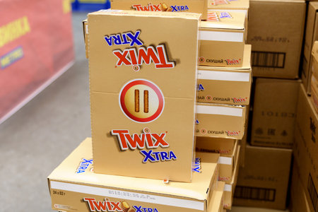 Tyumen, Russia-January 26, 2023: Twix is a caramel shortbread chocolate bar made by Mars, Inc. With clipping pathのeditorial素材