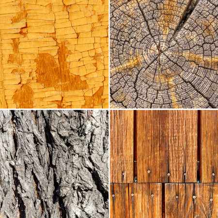 Wood texture collage, wooden fence banner. close-up, squareの写真素材