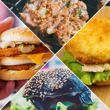 fast food food. Food collage of various burgers. Creative layout mode, close-up, squareの写真素材