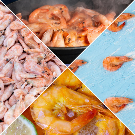 Shrimp arranged in a banner collage display. Seafood cooking. square formatの写真素材