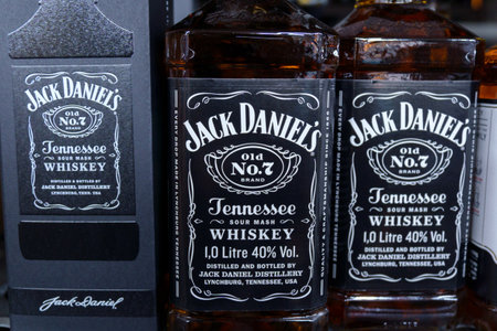Tyumen, Russia-March 17, 2023: Jack Daniels whiskey on the shelves of the hypermarket. Jack Daniel Distillery and owned by the Brown-Forman Corporation since 1956のeditorial素材