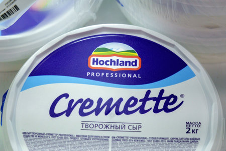 Tyumen, Russia-March 17, 2023: Hochland, cremette, curd cheese. Produced by Hochland founded in Germany in 1927のeditorial素材