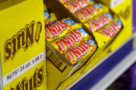 Tyumen, Russia-March 22, 2023: Nuts chocolate bar from the Nestle company. Selective focus