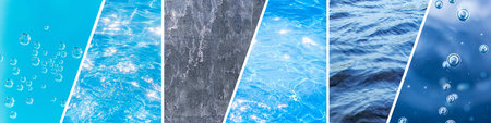 collage of water design. panoramic banner. Close up of water, macro, liquidの写真素材