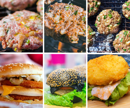 fast food food. Food collage of various burgers. Creative layout mode, close-upの写真素材