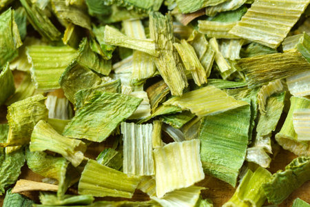 Dry chopped spring onion leek. Chopped dried green onion or scallion. Spices and herbs.の写真素材