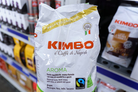Tyumen, Russia-January 26, 2023: Kimbo coffee in supermarket. Kimbo is an Italian manufacturer of coffee productsのeditorial素材
