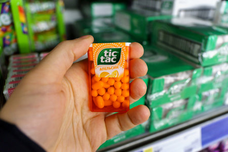 Tyumen, Russia-March 17, 2023: Tic Tac mint, used to refresh the mouth, cooling breath and gives off a pleasing smell. Selective focusのeditorial素材