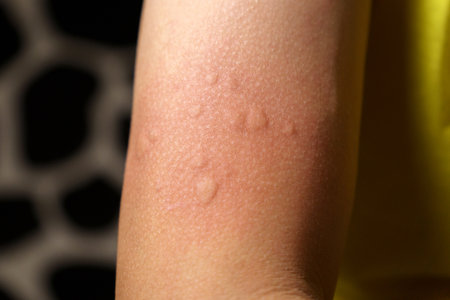 Allergy injection on the skin. Man hand close up, selective focus