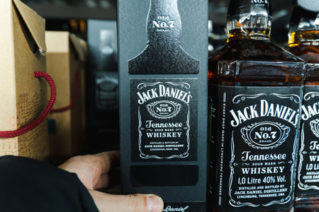 Tyumen, Russia-March 17, 2023: Bottles of Jack Daniels Tennessee whiskey. Highest selling American whiskey in the worldのeditorial素材