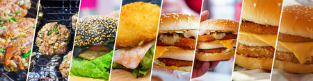 Assortment of burger delicacies, banner collage, horizontal format, fast foodの写真素材