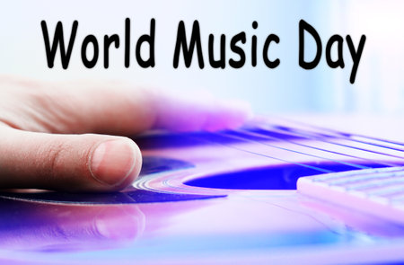 World Music Day, acoustic guitar and part of the neck and strings close up macro selective focusの写真素材