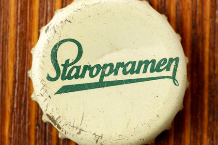 Tyumen, Russia-February 15, 2023: Staropramen bottle cap old beer logo close-up. Prague is the...