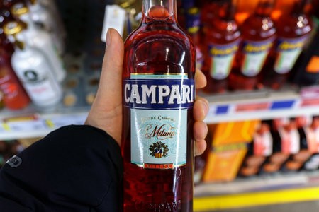 Tyumen, Russia-March 17, 2023: Campari liqueur in the store. Invented in 1860 by Gaspare Campari in Novara, Italy.のeditorial素材