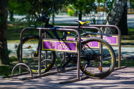 Bikes in the parking lot for bicycles, the view from the side. selective focusの写真素材