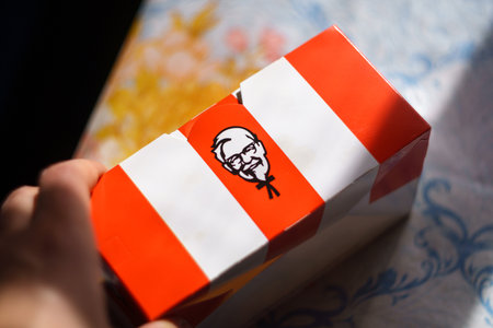 Tyumen, Russia-May 03, 2023: Kentucky Fried Chicken Restaurant, logo close up. Selective focusのeditorial素材