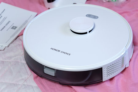 Tyumen, Russia-June 25, 2023: Smart Robot Vacuum CHOICE Honor Robot Cleaner R2. Selective focusのeditorial素材