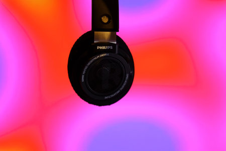 Tyumen, Russia-June 10, 2023: Philips logo shp9500 headphones. The Dutch technology company Philips...