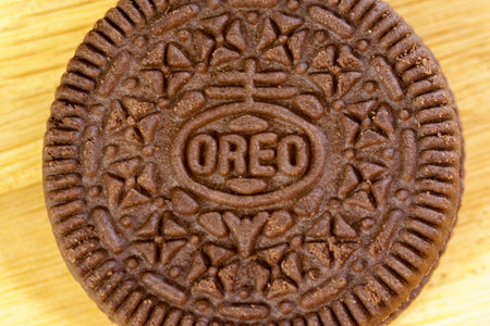 Tyumen, Russia-July 11, 2023: Oreo logo Biscuits close up. Sandwich chocolate cookies selective focusのeditorial素材