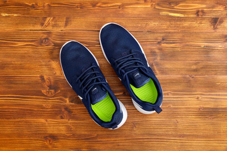 Tyumen, Russia-August 03, 2023: Blue Nike sneakers. Mens fashion, sport shoe, sneakers lifestyle concept streetwear. Flat layのeditorial素材