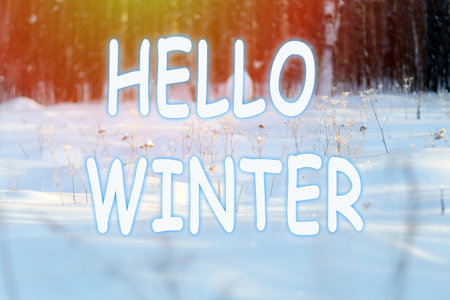 Frosty day, winter scene selective focus. The wilderness. Explore the beauty of the earth. The concept of tourism. winter background. Hello Winter letteringの写真素材