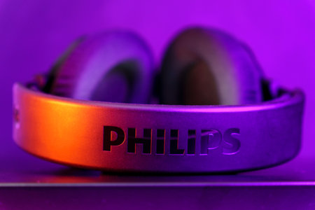 Tyumen, Russia-August 08, 2023: Philips SHP9500 headphones. Philips N.V. is a Dutch technology...