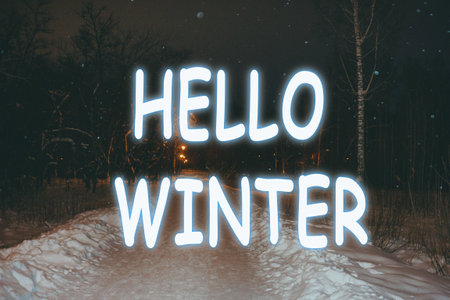 Winter Park road night snowfall Park in the forest, Hello winter backgroundの写真素材