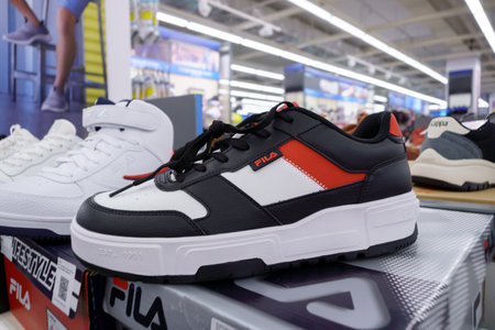 Tyumen, Russia-July 11, 2023: Fila is one of the world largest sportswear companies. New Sneakersのeditorial素材