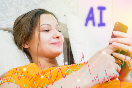 young girl holds a mobile phone close-up while browsing social networks. Future Artificial Intelligence conceptの素材