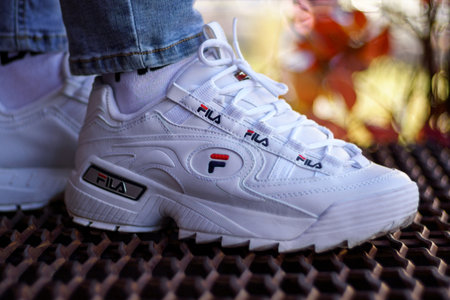 Tyumen, Russia-September 23, 2023: Fila shoe, model disruptor 2 white popular. Fila is one of the worlds largest sportswear companies.のeditorial素材