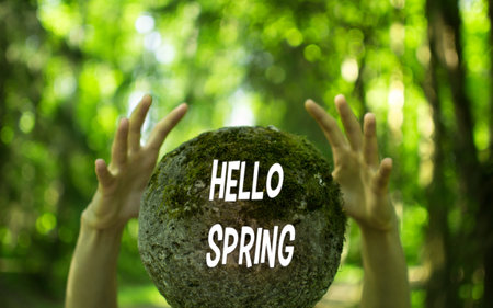 Springtime concept with wild green background, selective focus, with text Hello springの写真素材