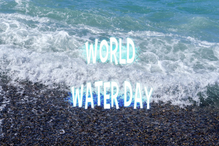 Celebrating World Water Day Along a Pebble-Strewn Shore With Gentle Waves Under a Clear Skyの写真素材