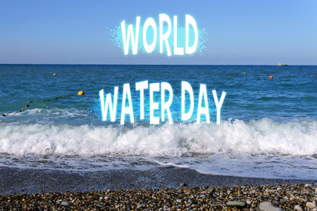 World Water Day, this image captures the message of sustainability and importance of water conservation against a serene coastal backdrop.の写真素材