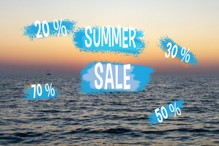 Ocean horizon, kissed by a warm sunset, serves as a captivating canvas for the bright Hello Summer sale advertisement.の写真素材