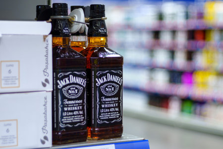 Tyumen, Russia-March 02, 2024: Bottles of Jack Daniels Tennessee Whiskey are showcased prominently on a retail shelf.のeditorial素材