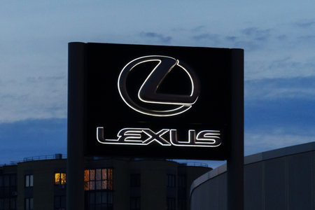 Tyumen, Russia-March 18, 2024: Sign displaying the Lexus logo on the side of a building, indicating a dealership or service center for the luxury car brand.のeditorial素材